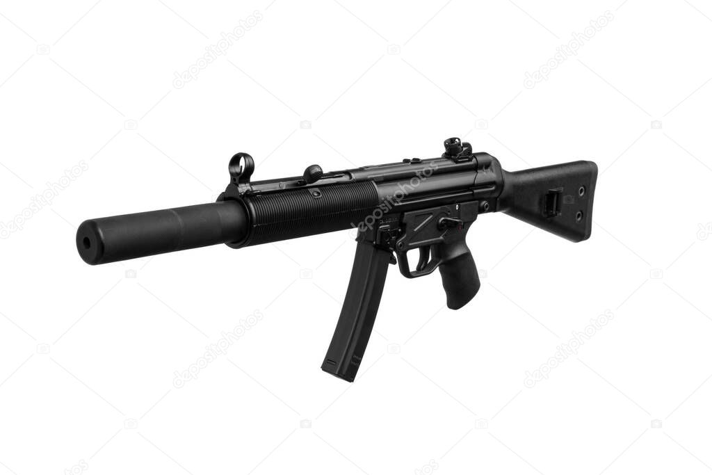 Submachine gun mp5. Small rifled automatic weapon caliber 9mm. Armament of the police and special forces. Isolate on a white background.