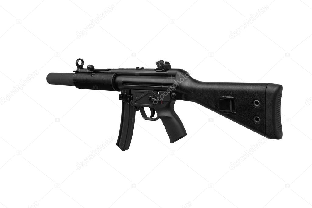 Submachine gun mp5. Small rifled automatic weapon caliber 9mm. Armament of the police and special forces. Isolate on a white background.