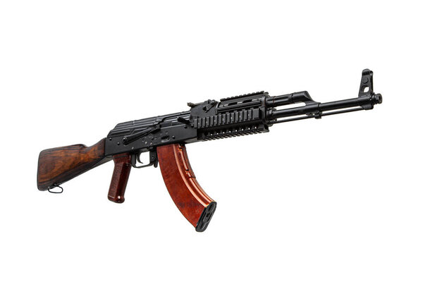 Soviet carbine in modern body kit isolate on a white background. Tuned automatic carbine of the USSR. Weapons for sports and self-defense.