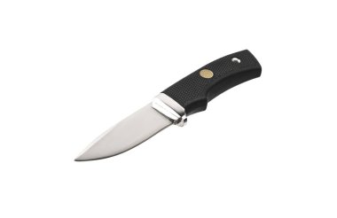 Gümüş bıçaklı ve lastik saplı modern av bıçağı. Çelik kollar. Beyaz arkaplanda izole et.