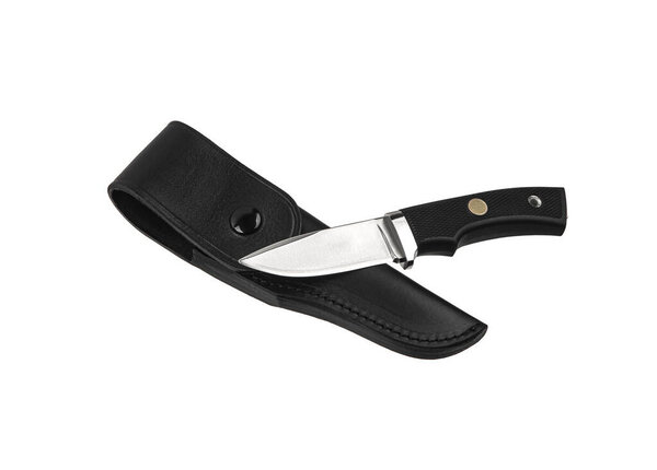 Современный охотничий нож с серебряным лезвием и резиновой ручкой. Стальные руки. Изолировать на белом фоне.