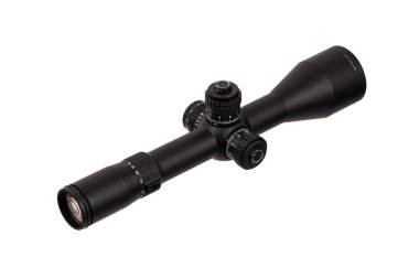 Modern siyah optik görüş. Uzun mesafeleri hedeflemek için optik bir cihaz. Beyaz arkaplanda izole et.