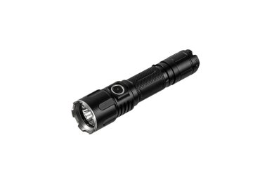 Siyah metal LED fener beyaz arka planda izole edilir. Günün karanlık saatleri veya karanlık odaları için cep lambası.