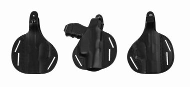 Tabanca için deri kılıf. Kullanışlı ve gizli silah taşıma suçundan. Her yönden bak. Beyaz arkaplanda izole et.