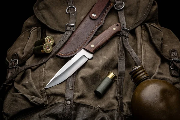 Hunting Knife Wooden Handle Vintage Canvas Backpack Caliber Shotgun Shells — Stock Photo, Image
