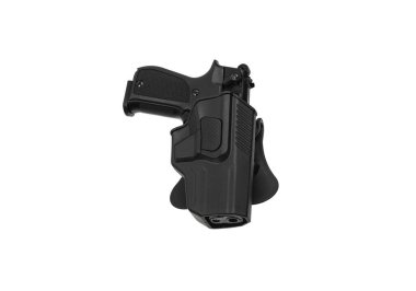 Plastik tabanca kılıfı. Kullanışlı ve gizli silah taşıma suçundan. Her yönden bak. Beyaz arkaplanda izole et.