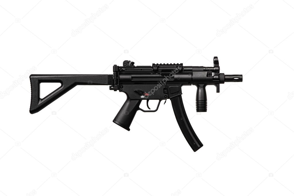  Air submachine gun. Modern pneumatic weapon for air soft, sports and entertainment. A dummy, a copy of a real pistol. Isolate on a white background.