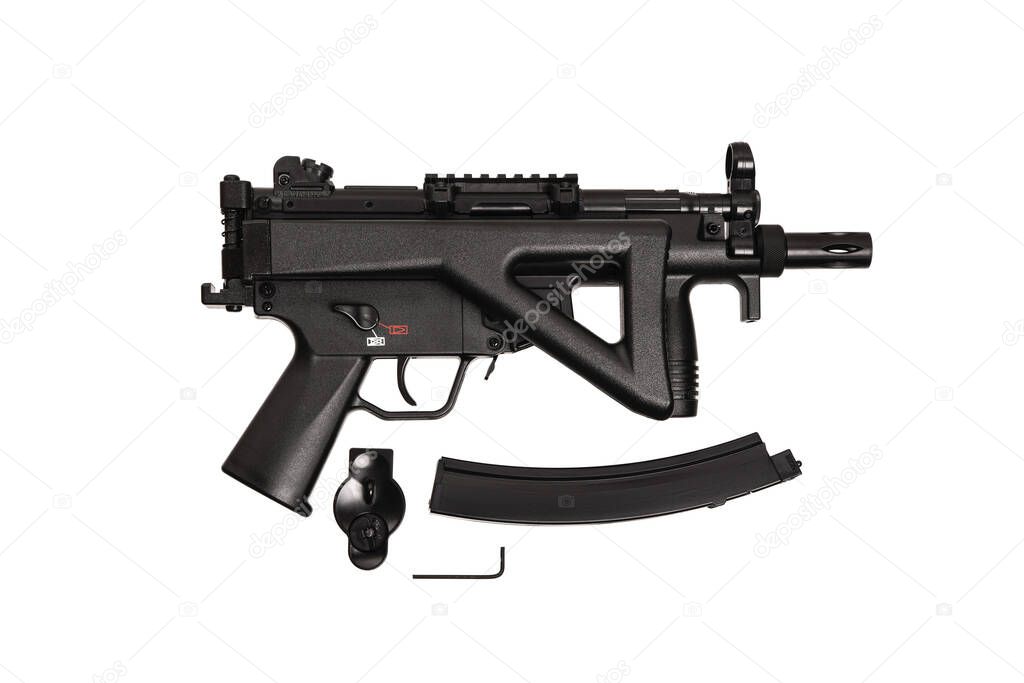  Air submachine gun. Modern pneumatic weapon for air soft, sports and entertainment. A dummy, a copy of a real pistol. Isolate on a white background.
