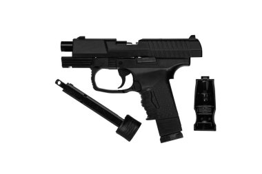 Hava tabancası. Hava yumuşaklığı, spor ve eğlence için modern pnömatik silah. Bir manken, gerçek bir tabancanın kopyası. Beyaz arkaplanda izole et.