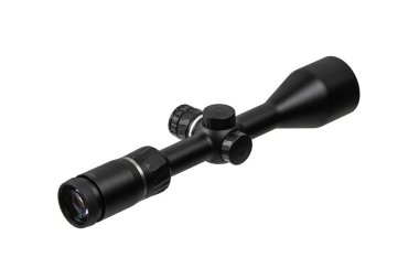 Beyaz arka planda modern bir keskin nişancı dürbünü. Uzun mesafelerde nişan almak ve ateş etmek için optik aygıt.