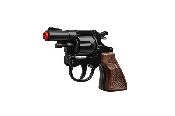 Zabawkowy Rewolwer Czarny Pistolet Brązową Rączką Izolacja Białym Tle — Zdjęcie stockowe
