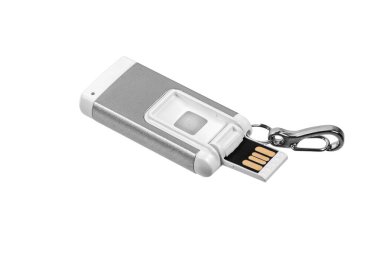 USB el feneri anahtarlığı. Metal LED fener beyaz arka planda izole edilir. Günün karanlık saatleri veya karanlık odaları için cep lambası.