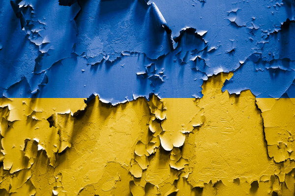 Flag of Ukraine on a cracked grunge background. Square background.