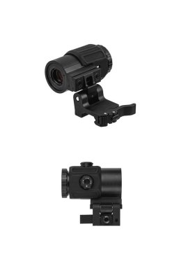 Modern optik kolatör görüşü. Kısa mesafeden ateş etmek için nişan alma cihazı. Beyaz arkaplanda izole et.