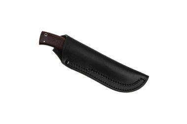 Gümüş bıçaklı ve lastik saplı modern av bıçağı. Çelik kollar. Beyaz arkaplanda izole et.