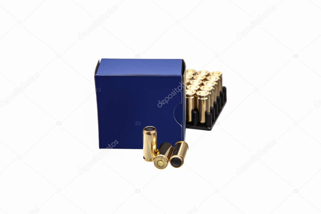 Box of cartridges for a traumatic gun isolate on a white background. Cartridges with rubber bullets for a traumatic gun.