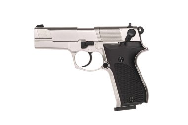 Hava tabancası. Hava yumuşaklığı, spor ve eğlence için modern pnömatik silah. Bir manken, gerçek bir tabancanın kopyası. Beyaz arkaplanda izole et.