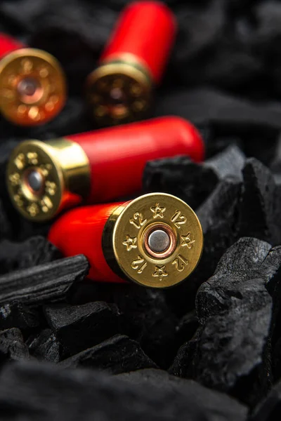 Mangal kömürü üzerinde av tüfeği fişeği. 12 kalibrelik pürüzsüz silahlar için mühimmat. Cephanelik avlıyorum. Koyu arkaplan.