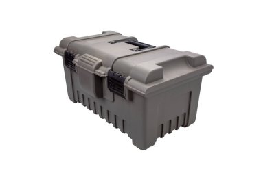 Kapağı açık taşınabilir plastik konteynır ve ilave bölmeler. Balıkçılık mı, avcılık mı? Beyaz arkaplanda izole et.