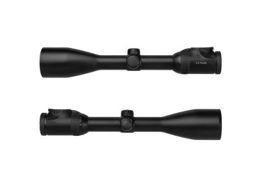 Modern siyah optik görüş. Uzun mesafeleri hedeflemek için optik bir cihaz. Beyaz arkaplanda izole et.