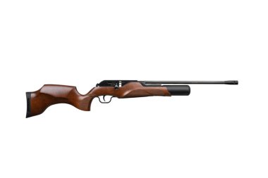 A modern air rifle with a futuristic design. Pneumatic weapons with a wooden butt for sports and entertainment. Isolate on a white background.