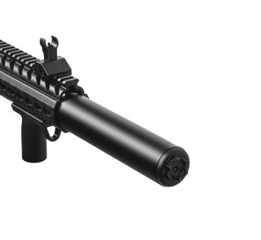 Fütürist tasarımı olan modern bir havalı tüfek. Spor ve eğlence için pnömatik silahlar. Beyaz arkaplanda izole et.