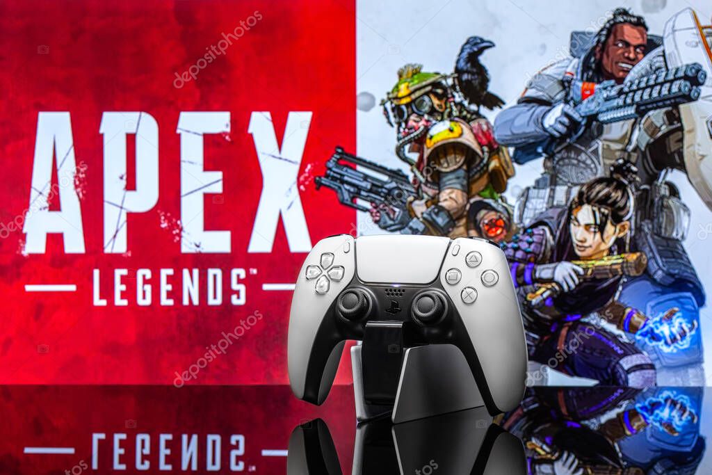 May 1, 2020, Odessa, Ukraine. White new Playstation 5 gamepad on the background of the game apex.