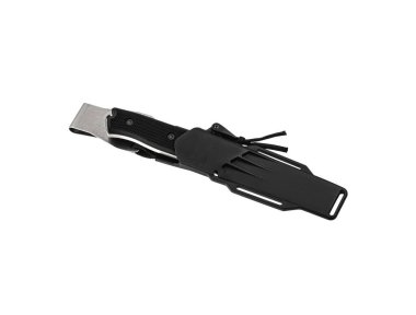 Gümüş bıçaklı ve lastik saplı modern av bıçağı. Çelik kollar. Beyaz arkaplanda izole et.