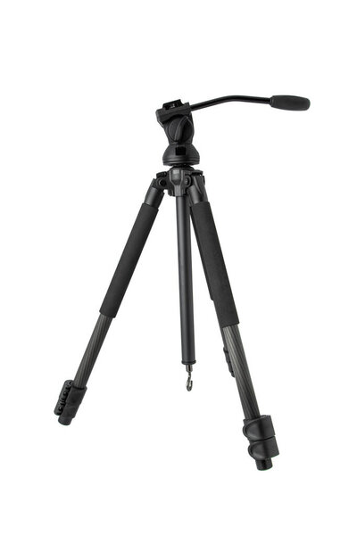Modern photo video tripod. The mechanism for fixing the camera for photo or video shooting. Isolate on a white background.