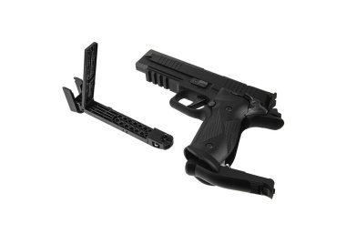 Hava tabancası. Hava yumuşaklığı, spor ve eğlence için modern pnömatik silah. Bir manken, gerçek bir tabancanın kopyası. Beyaz arkaplanda izole et.