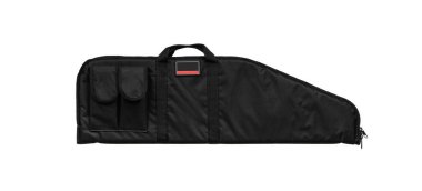 Ekstra cepli yumuşak siyah silah çantası. Silah depolama ve taşıma için çanta. Beyaz arkaplanda izole et.
