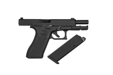 Hava tabancası. Hava yumuşaklığı, spor ve eğlence için modern pnömatik silah. Bir manken, gerçek bir tabancanın kopyası. Beyaz arkaplanda izole et.