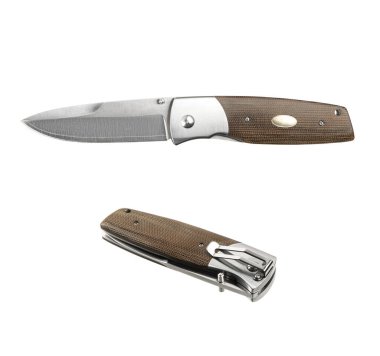 Cep çakısı beyaz arka planda izole edilmiş. Katlanan bir bıçakla küçük metal bir bıçak..