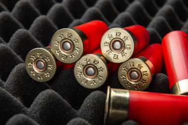 Köpük kauçuk üzerinde av tüfeği mermisi. 12 kalibrelik pürüzsüz silahlar için mühimmat. Cephanelik avlıyorum. Koyu arkaplan.