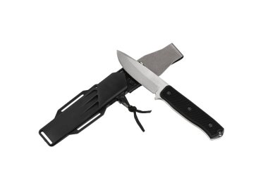 Gümüş bıçaklı ve lastik saplı modern av bıçağı. Çelik kollar. Beyaz arkaplanda izole et.