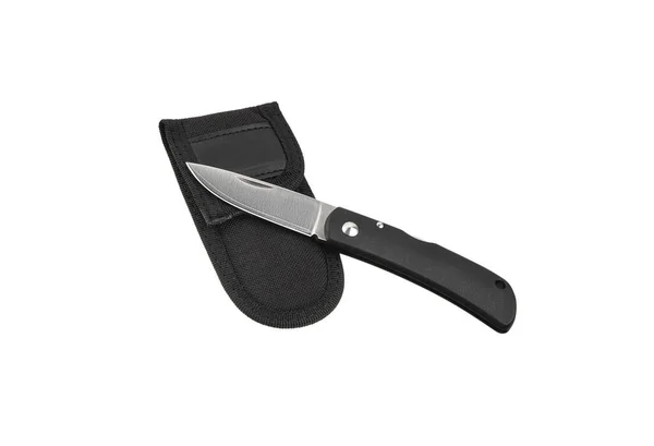 Kapesní Skládací Nůž Izolovat Bílém Pozadí Kompaktní Kovový Ostrý Nůž — Stock fotografie