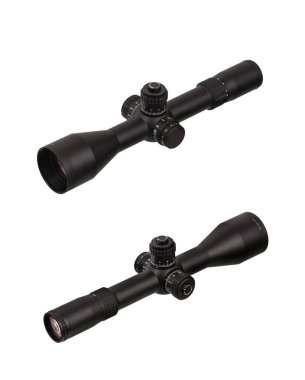 Beyaz arka planda modern bir keskin nişancı dürbünü. Uzun mesafelerde nişan almak ve ateş etmek için optik aygıt.