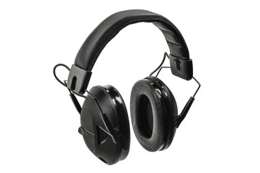 Beyaz bir kulaklığa koruyucu kulaklık. Güvenlik ekipmanları. Gürültü azaltmak için kulaklık. Hafif arkaplan.