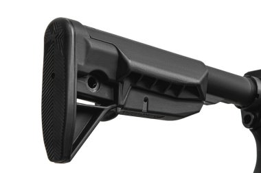 Close-up of the butt of an automatic carbine. Modern automatic rifle isolated on white background. Weapons for police, special forces and the army. Assault rifle on white back.