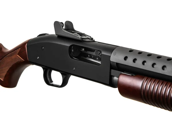 Modern Pump Action Shotgun Wooden Butt Fore End Isolate White — Stock Fotó
