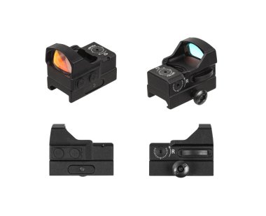 Modern optik kolatör görüşü. Kısa mesafeden ateş etmek için nişan alma cihazı. Beyaz arkaplanda izole et.