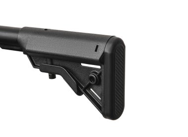Close-up of the butt of an automatic carbine. Modern automatic rifle isolated on white background. Weapons for police, special forces and the army. Assault rifle on white back.