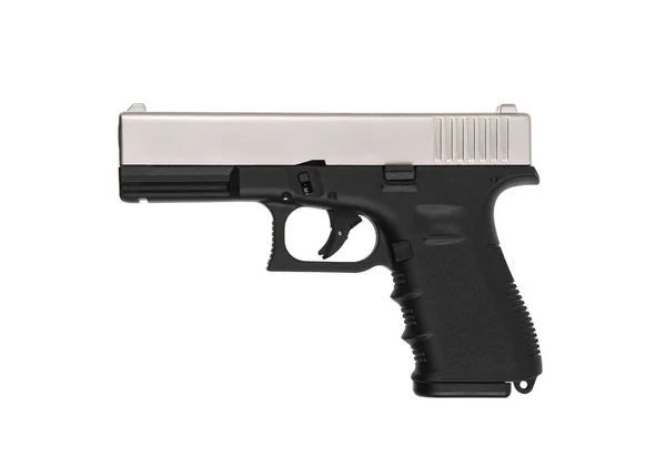 现代黑色和银色半自动手枪 一种用于自卫的短管武器 通知警察 特种部队和军队 在白色背景上分离 — 图库照片