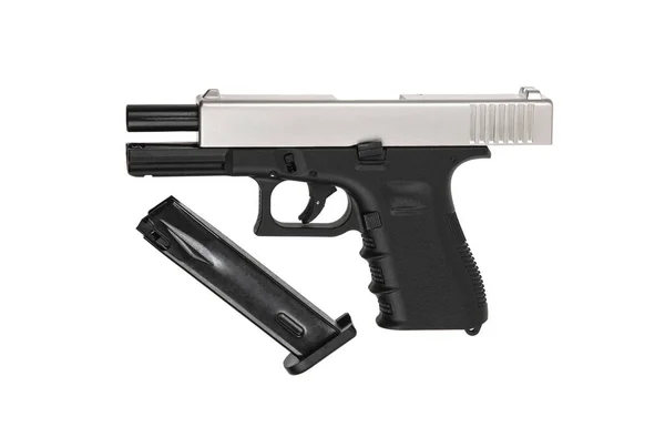 Nowoczesny Czarny Srebrny Półautomatyczny Pistolet Krótkolufowa Broń Samoobrony Uzbrojenie Policji — Zdjęcie stockowe