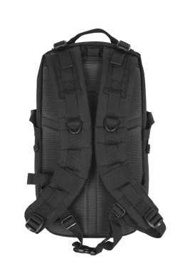 Fermuarlı ve ekstra cepli modern taktik sırt çantası. Büyük, güvenli bir çanta. Beyaz arkaplanda izole et.