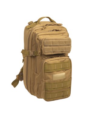 Modern tactical backpack with zippers and additional pockets. Large secure bag. Isolate on a white background. clipart