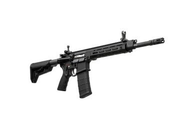 Modern otomatik tüfek beyaz arka planda izole edilmiş. Polis, özel kuvvetler ve ordu için silahlar. Otomatik karabina. Beyaz sırtlı saldırı tüfeği..