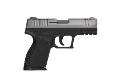 Modern yarı otomatik tabanca. Nefsi müdafaa için kısa namlulu bir silah. Polisi, özel kuvvetleri ve orduyu silahlandırmak. Beyaz arkaplanda izole et.