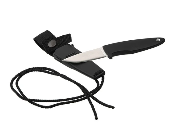 Couteau Chasse Moderne Avec Lame Argentée Poignée Caoutchouc Bras Acier — Photo