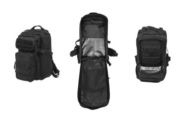 Fermuarlı ve ekstra cepli modern taktik sırt çantası. Büyük, güvenli bir çanta. Beyaz arkaplanda izole et.